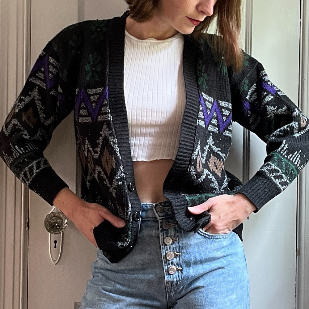 Vintage 90s Dad Cardigan Mixed Pattern Black & Jewel Toned V-Neck Sweater